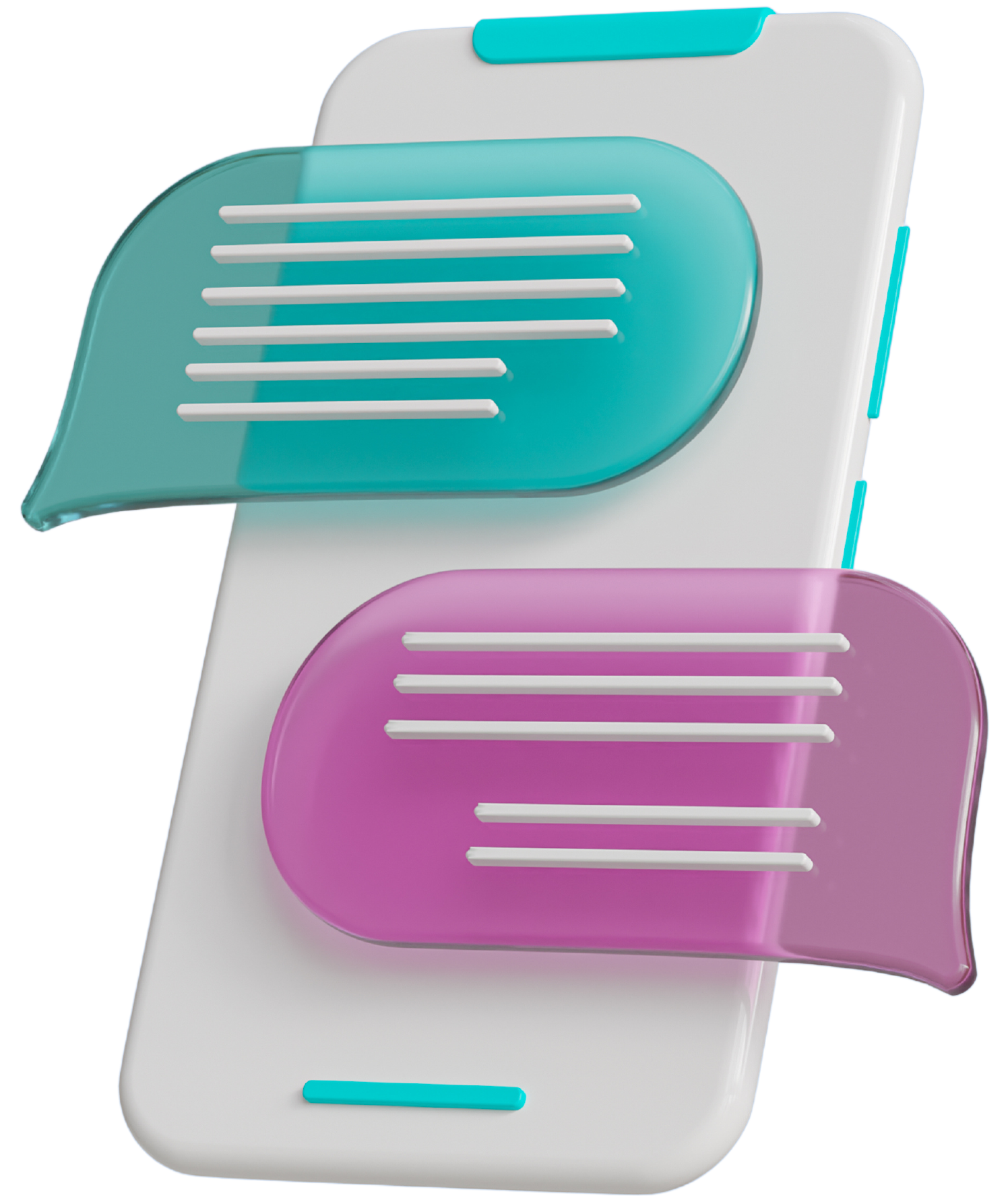 Imagem de um celular em 3d com dois balões de conversa